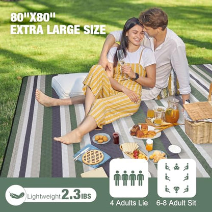 Picnic Blankets Outdoor Extra Large - 80"x80" Portable Waterproof Picnic Blanket, Machine Washable 3-Layer Foldable Picnic Mat with Sandproof Backing for Grass, Park, Hiking, Concerts (GreenStrip) - color: Green