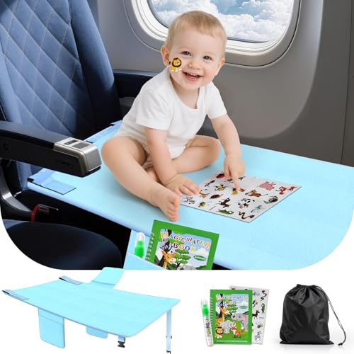 Omzer Baby Toddler Airplane Bed - Flyaway Kids Airplane Bed for Toddler Airplane Seat Extender for Kids with 2 Pockets and Toys Portable Lightweight Baby Travel Essential Footrest for Flights - Blue
