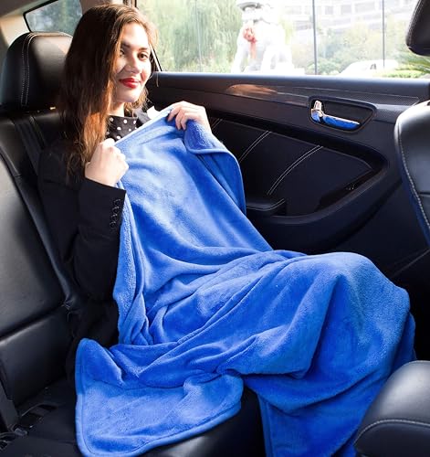 BlueHills Premium Soft Travel Blanket Pillow Airplane Blanket Packed in Soft Bag Pillowcase with Hand Luggage Belt and Backpack Clip, Compact Pack Large Plush for Any Travel (Royal Blue T003) - color: Royal-1pk-t003