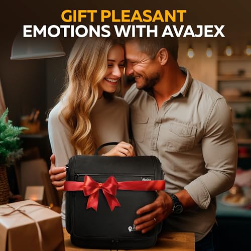 AvaJex Travel Toiletry Bag for Men - Large Dopp Kit (10.6"x10.6"x3.2") - Hanging Waterproof Mens Hygiene Organizer Bag with XXL Metal Swivel Hook, Sturdy Zippers and 19 Compartments for Toiletries - color: L Jet Black