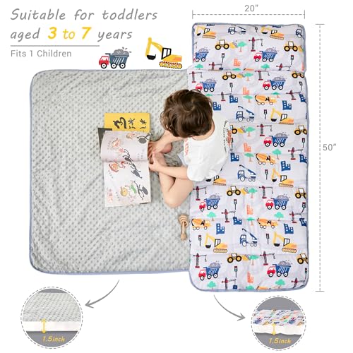 Lasoftan Toddler Nap Mat with Pillow and Blanket, Extra Large Rolled Napping Mats,Slumber Bags for Boys Girls,Kids Sleeping Bag for Daycare, Preschool Travel Camping - color: Truck