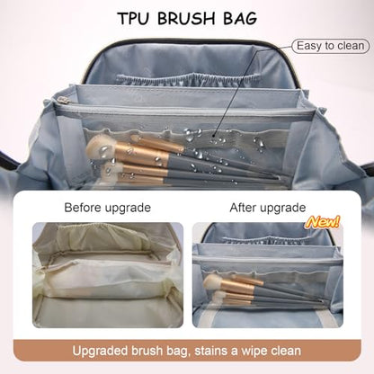 BOYATU Travel Makeup Bag Organizer Cosmetic Bag: 3 Pcs Set Make up Bags for Women with Handle - Waterproof Vegan Leather Toiletry Bags Travel Essentials Pouch with Compartments (A-02-Grey) - color: 02-B-Grey