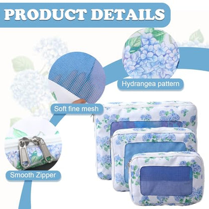 Shinylin 3 Pack Compression Packing Cubes for Travel 3 Size Clothing Bags with Mesh Window for Travel Home Underwear Clothes Accessories Organization Women (Blue Floral) - style: Blue Floral