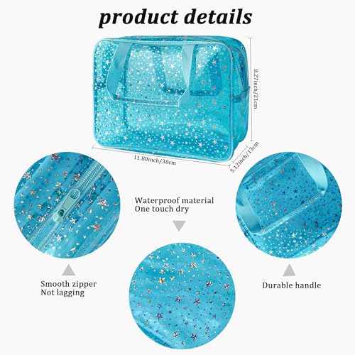 Holographic Star Large Light Blue Makeup Cosmetic Organizer Bag and Travel Pouch with Handle,Durable Material,Zipper Design-Ideal for Makeup,Travel Essentials (Blue) - color: Blue