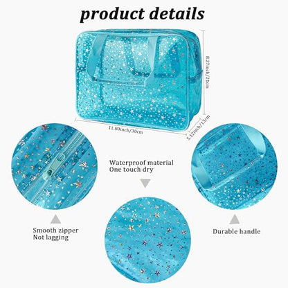 Holographic Star Large Light Blue Makeup Cosmetic Organizer Bag and Travel Pouch with Handle,Durable Material,Zipper Design-Ideal for Makeup,Travel Essentials (Blue) - color: Blue