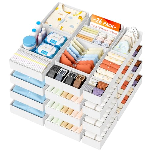 DIMJ Drawer Organizer Clothes 26 Pack - Foldable Baby Organizers and Storage Dresser Organizer for Bedroom, Closet Nursery Organization Dresser Dividers for underwear, Sock, Bra, Belt, Tie - color: White, size: 26 Pack