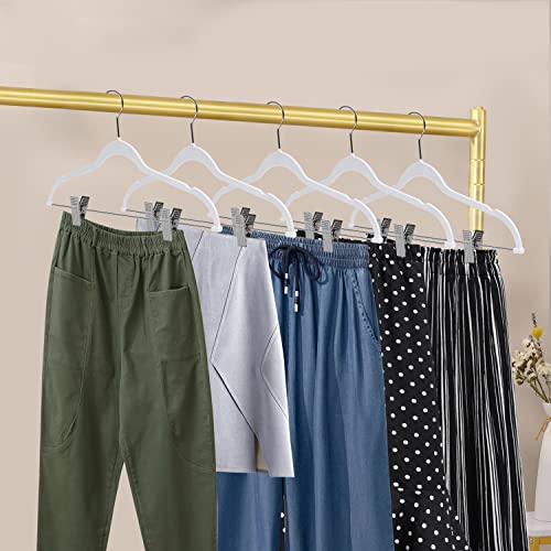 Quality Plastic Non Velvet Non-Flocked Thin Compact Coat Hangers with Metal Clips for Skirts Pants Blouses 360° Swivel Hook (White, 20) - color: White