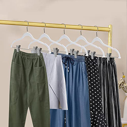 Quality Plastic Non Velvet Non-Flocked Thin Compact Coat Hangers with Metal Clips for Skirts Pants Blouses 360° Swivel Hook (White, 20) - color: White