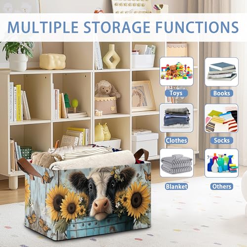 Wooden Highland Cow Storage Baskets,Butterfly Sunflower Foldable Large Capacity Organizer Bins with Waterproof Lining and Leather Handles for Closet,Shelf,Bedroom 17x11.5x10Inch - color: Wooden Highland Cow Butterfly Sunflower