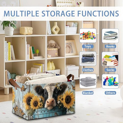 Wooden Highland Cow Storage Baskets,Butterfly Sunflower Foldable Large Capacity Organizer Bins with Waterproof Lining and Leather Handles for Closet,Shelf,Bedroom 17x11.5x10Inch - color: Wooden Highland Cow Butterfly Sunflower