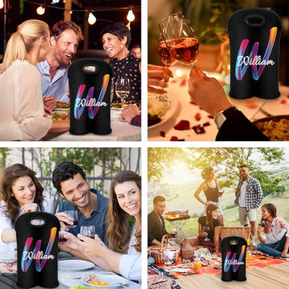 Personalized 2 Bottle Wine Carrier Tote Custom wtih Name, Customize Neoprene Wine Bottle Carrier Sleeve Travel Wine Holder Gift Bags - color: Black, size: Medium