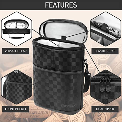 opux 2 Bottle Wine Carrier Tote, Insulated Leakproof Wine Cooler Bag, Wine Travel Bag Tote for Picnic BYOB Beach, Portable Wine Bottle Carrying Case, Gift for Wine Lover Women Men Christmas - color: Checkered Black