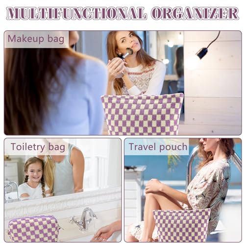 ZLFSRQ 2Pcs Checkered Makeup Bag for Women Large Small Checkered Cosmetic Bag Set Aesthetic Preppy Pencil Case Cute Pencil Pouch Purple Makeup Pouch for Purse Travel Toiletry Bags Zipper Skincare Bags - color: B-Checkered 2Pcs Mix Purple