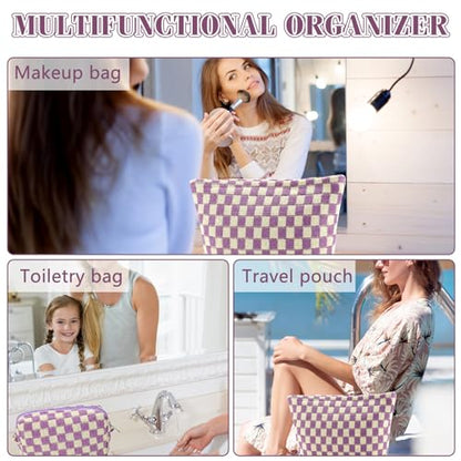 ZLFSRQ 2Pcs Checkered Makeup Bag for Women Large Small Checkered Cosmetic Bag Set Aesthetic Preppy Pencil Case Cute Pencil Pouch Purple Makeup Pouch for Purse Travel Toiletry Bags Zipper Skincare Bags - color: B-Checkered 2Pcs Mix Purple