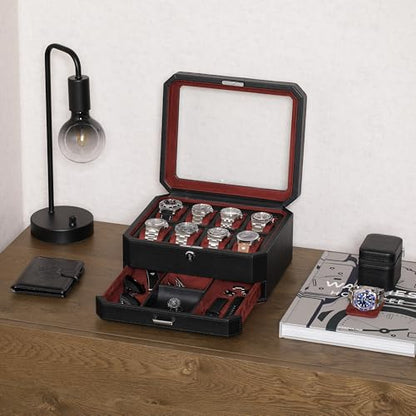 ROTHWELL 8 Slot Leather Watch Box with Valet Drawer - Luxury Case Display Jewelry Organizer, Locking Display Case Holder, Real Glass Top - Watch Box Organizer for Men & Women (Black/Red) - color: 8 Slot - Black/Red