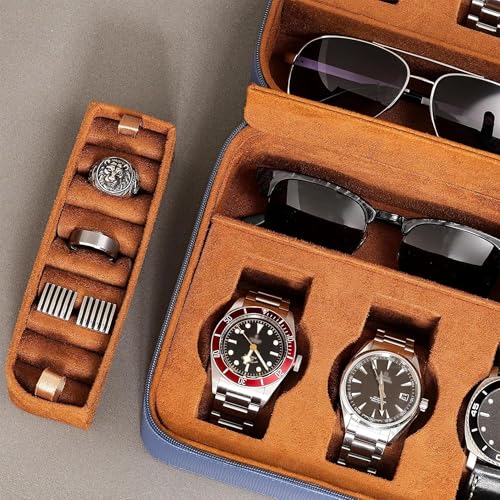 ROTHWELL 8 Watch Travel Case Storage Organizer for 8 Watches, Sunglasses, Rings & Cufflinks |Tough Portable Protection with Zipper Fits Most Wristwatches & Smart Watches Up to 50mm (Blue/Tan) - color: Blue/Tan