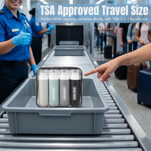 Pre-printed Silicone Travel Bottles for Toiletries 3oz | TSA Approved, Leak Proof, Squeezable Containers For Shampoo Conditioner, Travel Essentials, with Clear Bag, 4 Pack - color: dark color 4