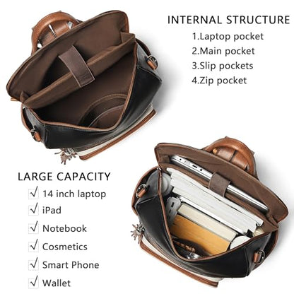 Shrrie Vegan Leather Laptop Backpack for Women 15.6 inch Work Backpack Fashion Travel Backpack Purse for Business College - color: Black With Brown and White