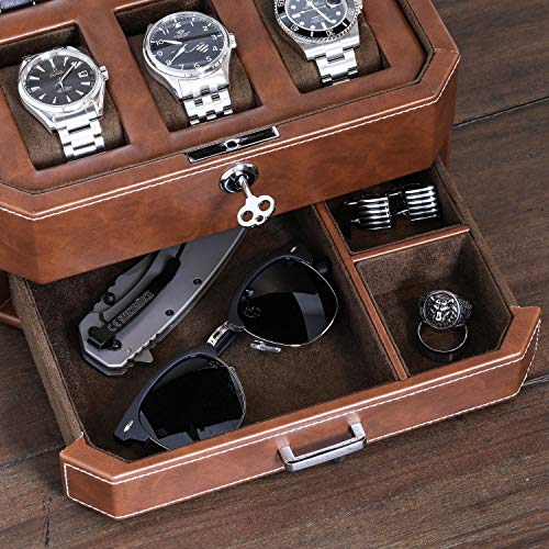 ROTHWELL 6 Slot Leather Watch Box with Valet Drawer - Luxury Case Display Organizer, Microsuede Liner, Locking Mens Jewelry Watches Holder, Men's Watch Storage Large Glass Top (Tan/Brown) - color: 6 Slot - Tan / Brown