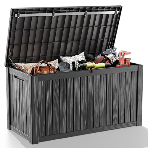 EasyUp 180 Gallon Deck Boxes Outdoor Waterproof, Resin Outside Storage Box for Patio Cushion Furniture Pool Accessories Garden Tools Indoor Outdoor Storage Bench (180 Gallon, Black) - color: Black, size: 180 Gallon