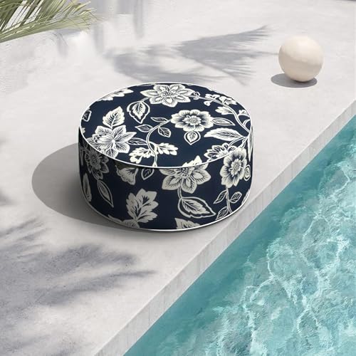 Indoor/Outdoor Inflatable Ottoman with Handle, Decorative Fade-Resistant Round Footstool D21 x H9 inch, Portable Ottoman Pouf for Patio Garden Camping, Elegant Vines Navy - color: Elegant Vines Navy, size: 21"D x 21"W x 9"H
