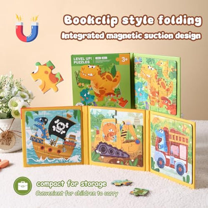 Magnetic Puzzles Super Set for Kids, 6 in 1 Montessori Learning Toys with 100 Pieces, Travel Activities for Toddlers Age 3-5, Preschool Puzzle Game Bundle with Animals, Pirate Ship, Fire Truck - color: Yellow & Green