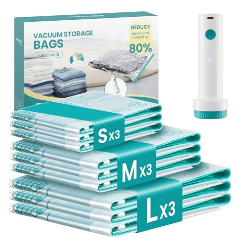 SONGMICS Vacuum Storage Bags, Rechargeable Portable Electric Pump, Space Saver Vacuum Seal Suction Bags for Clothing Travel Bedding, Reusable, 9 Pack, 3S/3M/3L, Transparent ULVB201W101 - style: 3S+3M+3L+USB Pump