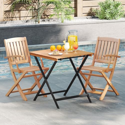 Tangkula 28-Inch Acacia Wood Patio Dining Table, Square Foldable Outdoor Table with Slatted Tabletop, Portable Outside Bistro Dining Table for Backyard, Porch, Balcony - size: 28"