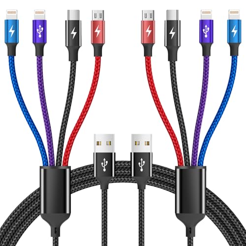 Multi Charging Cable [2Pack 5FT],Nylon Dual IP 4 in 1 Charging Cable, Multiple Charger Cord with IP/IP/Type C/Micro Port, Compatible with Most Cell Phones/Tablets and More - color: Purple_Blue_Black_Red3, size: 2Pack 5FT