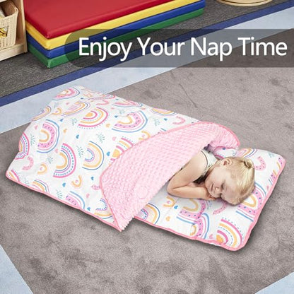 Primlect Toddler Nap Mat Extra Large Thickened 55''x35'', Soft Sleeping Bag with Detachable Minky Blanket and Pillow, Portable for Daycare, Preschool, Kindergarten, Travel, Boys and Girls - color: White Rainbow