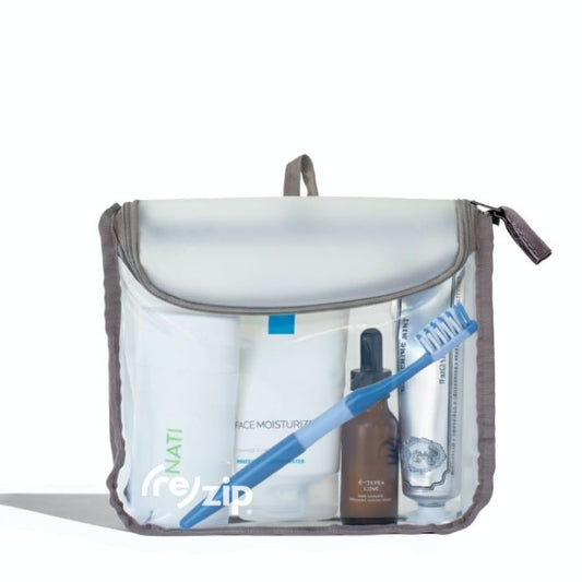 (re)zip TSA Approved Travel Toiletry Bag with Hanging Loop, Travel Quart Bag– Reusable Clear Makeup bags with zipper, Clear Pouch for Travel Essentials, Cosmetic | BPA-Free, Machine Washable - Gray - color: Gray