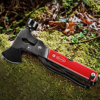 RoverTac 14-in-1 Multitool Camping Axe Hatchet – Essential Camping Gear with Knife, Hammer, Saw, Bottle Opener, Screwdriver – Multi Tool with Sheath – Gifts for Men, Dad, and Outdoor Adventures - color: Red