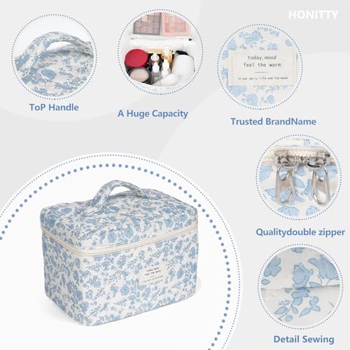 honitty Makeup Bag,Quilted Cosmetic Bags,Large Floral Make Up Bags for Women, Makeup Organize,Flower Travel Toiletry Bag - color: 1PCS-Blue-White
