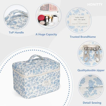 honitty Makeup Bag,Quilted Cosmetic Bags,Large Floral Make Up Bags for Women, Makeup Organize,Flower Travel Toiletry Bag - color: 1PCS-Blue-White