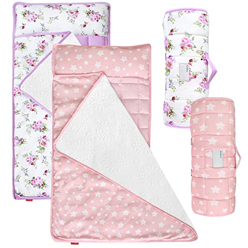 Moonsea Nap Mat for Toddlers Elephant with Pillow Blanket, Lightweight Perfect for Toddler Preschool, Daycare, Travel Sleeping Bag Boys Girls, 21" x 50" Fit on a Standard Cot - color: Floral and Pink Star (Pack of 2)