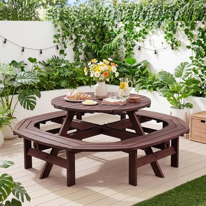 Garvee 8 Person Wooden Picnic Table, Outdoor Picnic Tables with 4 Built-in Benches, Circular Camping Dining Table and Chairs Set with Umbrella Hole for Garden, Patio, Backyard, Walnut Brown