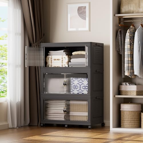 SAILUN 145Gal/579Qt Stackable Storage Bins Folding Collapsible Storage Bins with Lid, Closet Organizers and Storage Box with Door Black 33.5" W x 19" D x 53" H - color: Black, size: 1 Lid 3 Pack-33.5" W x 19" D x 53" H