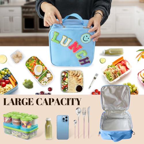 Insulated Lunch Bag With Adjustable Shoulder Strap, Nylon Preppy Lunch Box Large Insulated Lunch Bag Reusable Lunch Tote Bag with Smiley Preppy LunchBag for Girls School Travel Picnic (Dark blue) - color: Dark Blue