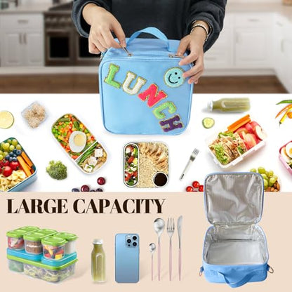 Insulated Lunch Bag With Adjustable Shoulder Strap, Nylon Preppy Lunch Box Large Insulated Lunch Bag Reusable Lunch Tote Bag with Smiley Preppy LunchBag for Girls School Travel Picnic (Dark blue) - color: Dark Blue