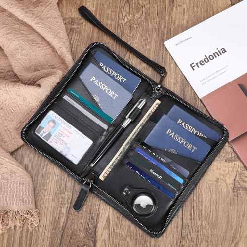 Polare Full Grain Leather Passport Holder Cover Case for Men and Women RFID Blocking Family Travel Wallet Holds 6 Passports - color: Black with AirTag Slot
