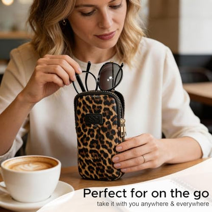 KINIVA Double Eyeglass Case for Men Women, 2-in-1 PU Dual Sunglasses Case, Scratch-Proof Travel Eyeglass Holder for Purse Car - style: Leopard