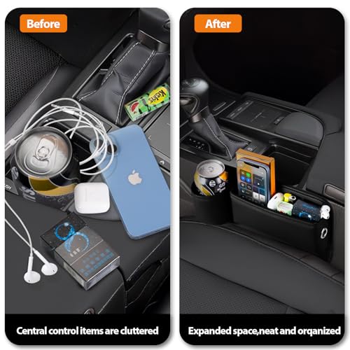 2 Pack Leather Car seat Gap Filler Organizers for Front Seat,Seat Gap Storage with Cup Holder and Storage Box for Phones,Keys,Glasses etc.Suitable for various car models (with cup holder)