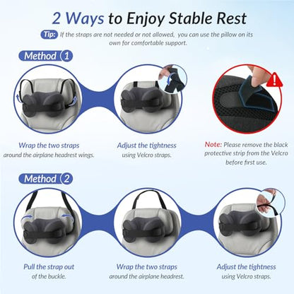 ZIKEE Dual-Layer Memory Foam Neck Pillow for Airplane, Travel Pillow with Seat Straps to Secure Head & Neck, Ergonomic Ear-Friendly Neck Pillow for Traveling with Breathable Vent Holes, Airy Cover