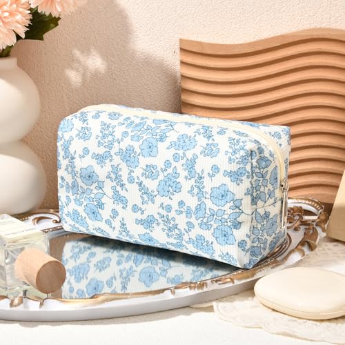 SOIDRAM 2 Pcs Makeup Bag Large Cosmetic Bag Toiletry Bag Makeup Pouch Travel Bag Organizer Cute Makeup Brushes Aesthetic Accessories Storage Bag for Women Blue Floral - color: Blue Floral