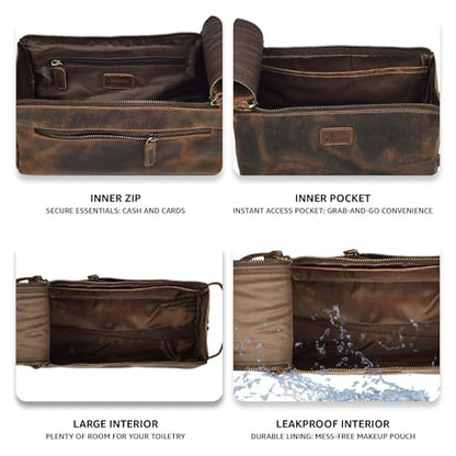 LEATHER VILLAGE Genuine Leather Travel Toiletry Bag - Water-Resistant Dopp Kit for Toiletries, Large Shaving Bag & Bathroom Organizer - Gift for Men & Women - Rustic Brown - color: Rustic Brown