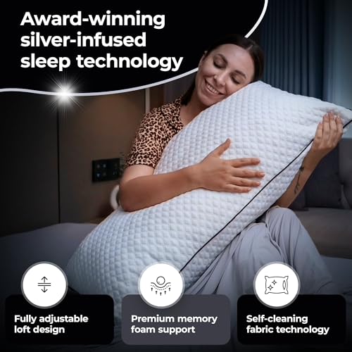Silvery Silver Infused Bed Pillow - Shredded Memory Foam Fill with Adjustable Loft - Hypoallergenic Self-Cleaning Technology that Stays Fresh 3X Longer - Perfect for Side, Back & Stomach Sleepers - size: King