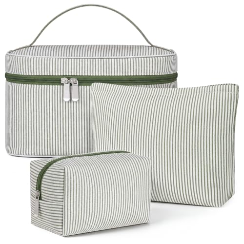 Huhumy 3 Pieces Makeup Bag Set for Women Cute Seersucker Cosmetic Pouch Travel Toiletry Bag Preppy Small Makeup Purse Pouch Aesthetic Skincare Brushes Storage Organizer for Women(Bean Green) - color: Bean Green