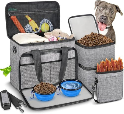 6 Set Dog Travel Bag, Large Pet Travel Kit for Supplies Includes 2 Food Containers, 1 Pet Organizer for Dogs, 2 Collapsible Bowls, 1 Treat Pouch, Dog Weekend Overnight Bag Luggage - color: Grey