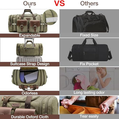 Wildroad 60L Travel Duffel Bag, Expandable Canvas Genuine Leather Duffle Bag Upgraded Overnight Weekender Bag Carry on Bag - color: Army Green, size: X Large-60L Duffle Bag