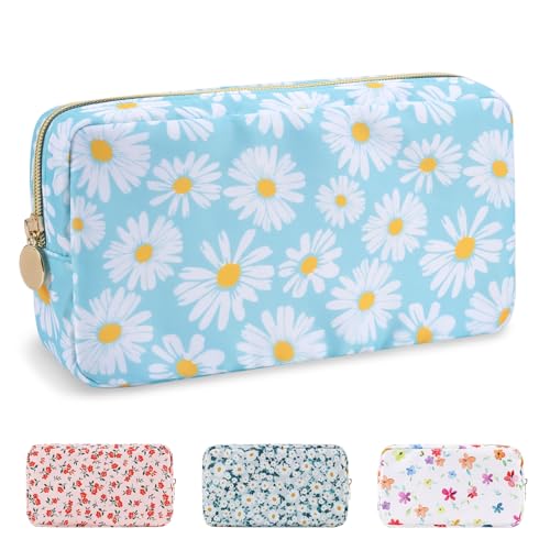 Waterproof Small Floral Makeup Bag Pouch for Purse,Nylon Flower Cosmetic Bag Preppy Travel Toiletry Storage Bag for Women Girl,Cute Makeup Organizer Bag Skincare Bag with Zipper(Small Blue-Daisy) - color: Blue-Daisy, size: Small